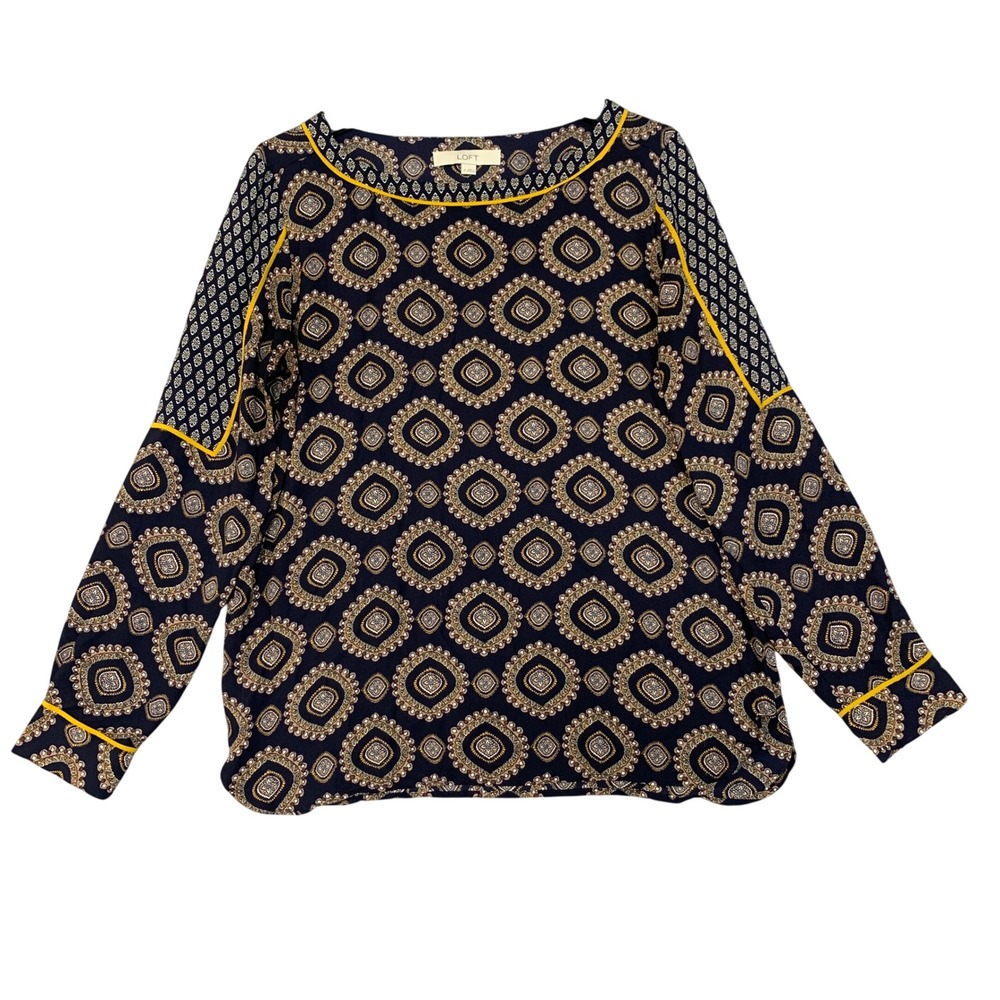 Loft Women's M Chiffon Boat Neck Blouse Navy Blue Medallion Polyester Chiffon